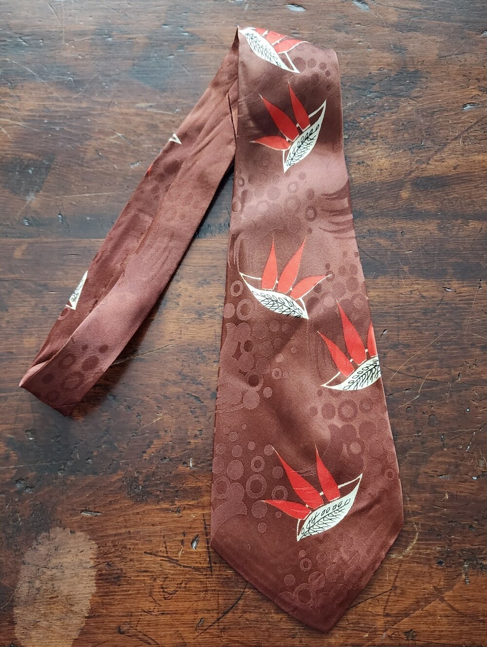 Vintage 1950s Burnt Umber Nature Wide Swing Necktie 4" Dots Feathers Abstract